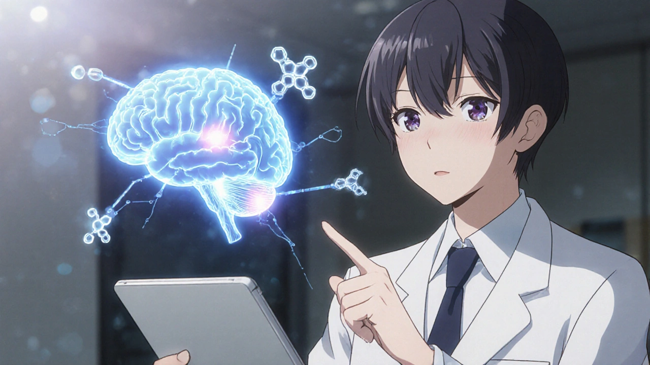 Anime doctor pointing at a glowing 3D brain highlighting dopamine and serotonin receptors with Loxitane molecules.