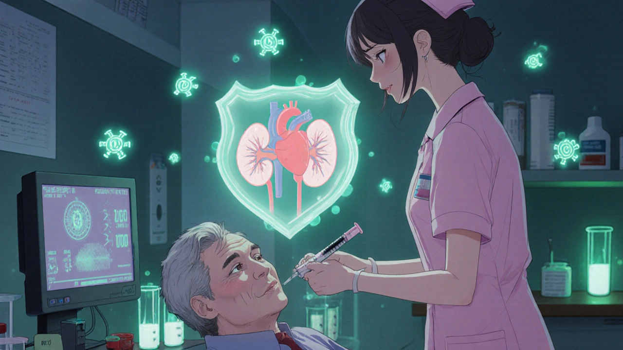 Anime nurse drawing blood, glowing potassium ions form a shield around heart and kidneys.