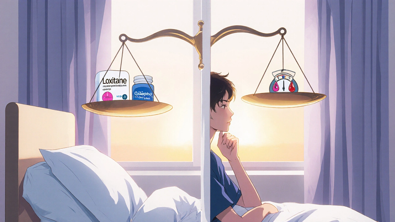 Anime patient weighing pill icons on a balance scale, reflecting side‑effect considerations.