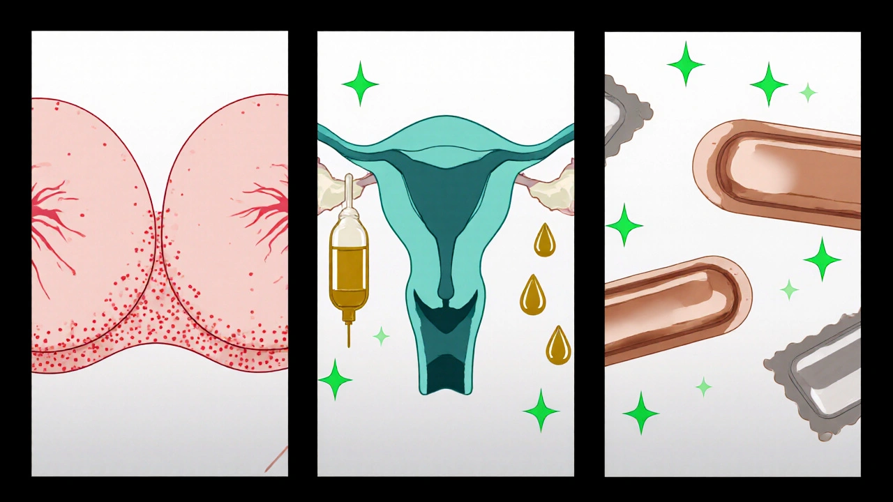 Anime scene showing breast, ovary and uterus with colored hormone icons indicating risk changes.
