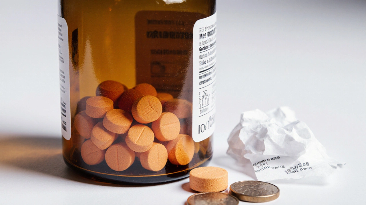 Close-up of metformin bottle filled with orange tablets and coins.