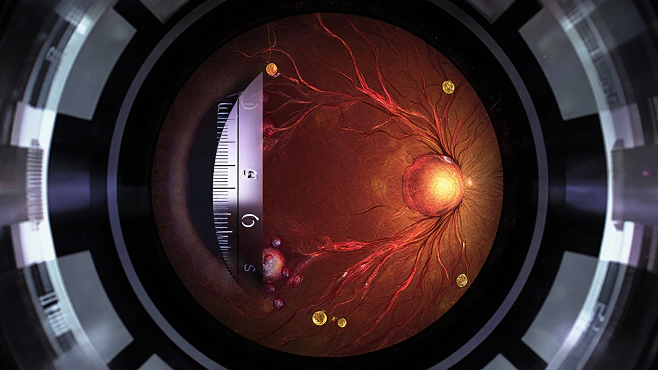 Close view of a retina showing narrowed arteries, hemorrhages, and exudates.