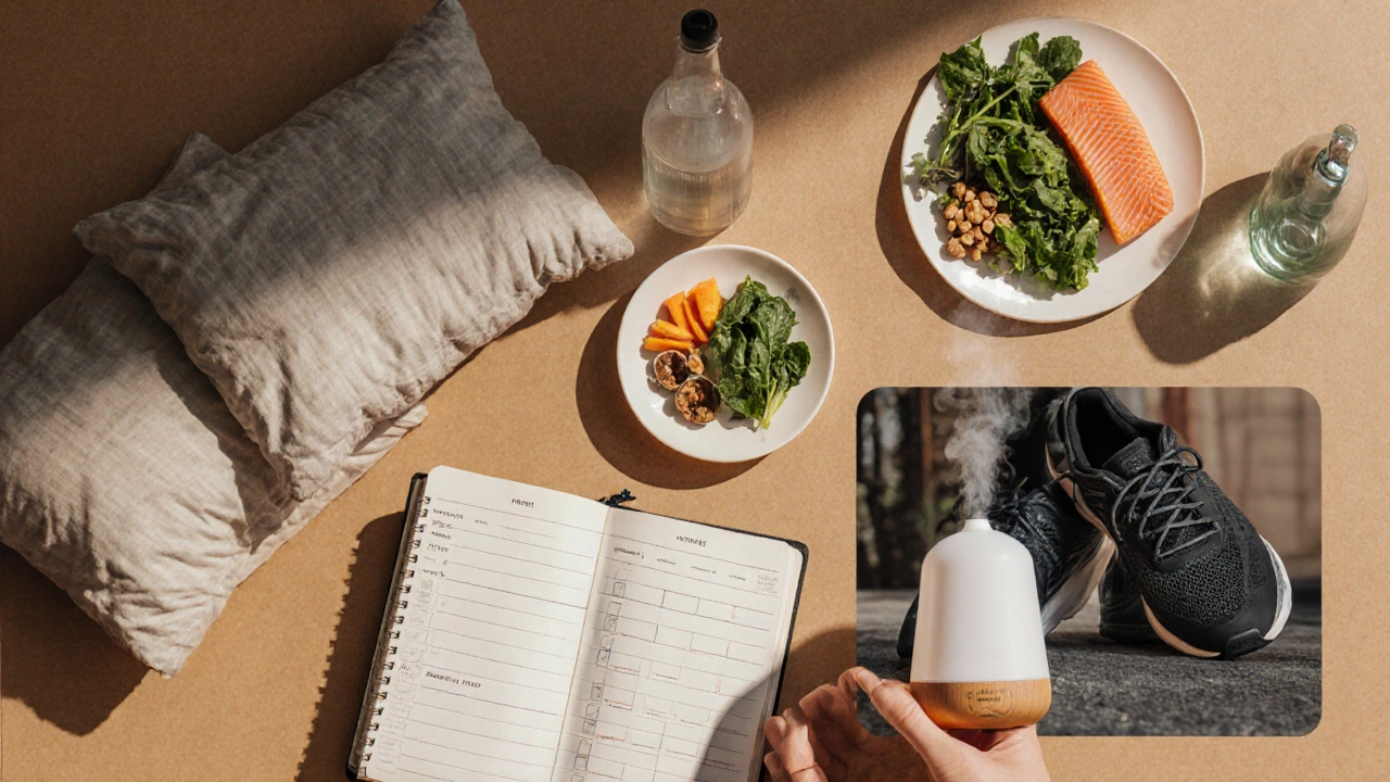 Collage of self‑care items: sleep, healthy food, exercise gear, journal, and diffuser.