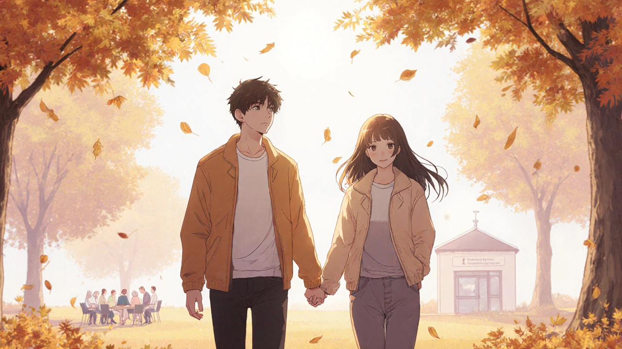 Couple holding hands walking in an autumn park, surrounded by golden leaves.