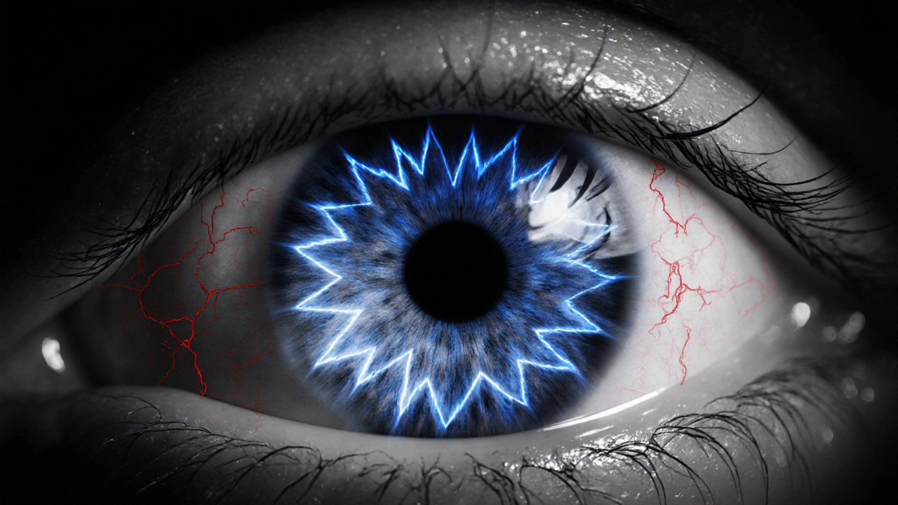 Cross‑section of an eye with blue zig‑zag aura patterns and leaking retinal vessels.