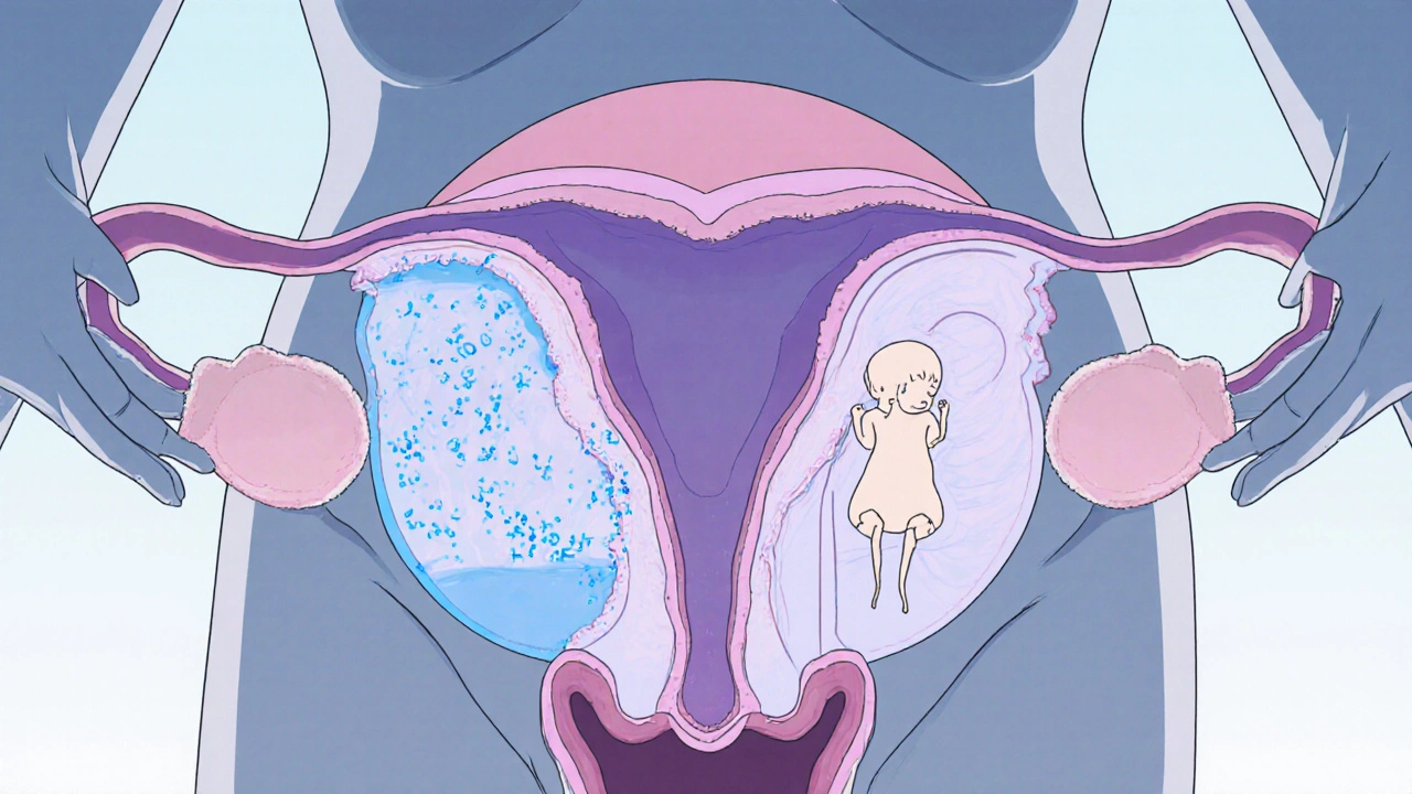 Cross‑section view of a fetus with small kidneys and low amniotic fluid.