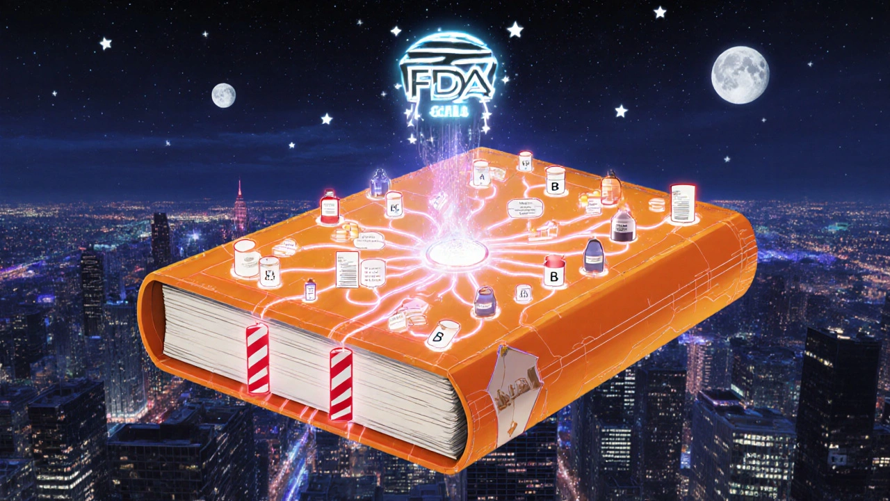 Digital Orange Book projecting prescription paths over a city at night with AB and B-coded drug flows.
