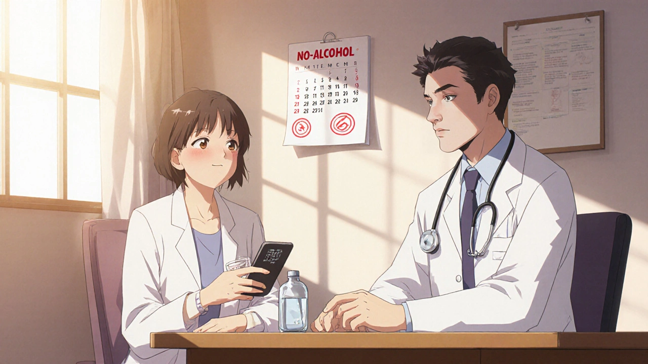 Doctor advising patient on safe atenolol use with water and a no‑alcohol reminder.