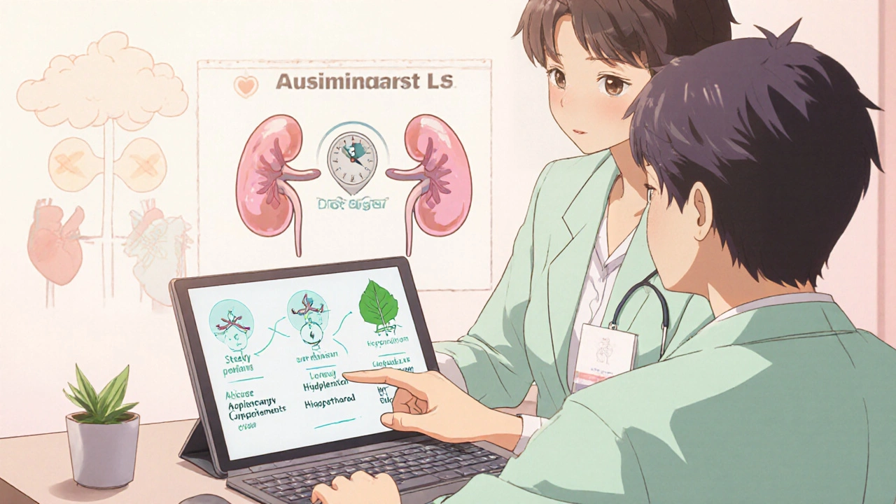 Doctor and patient reviewing diuretic options with illustrated icons.