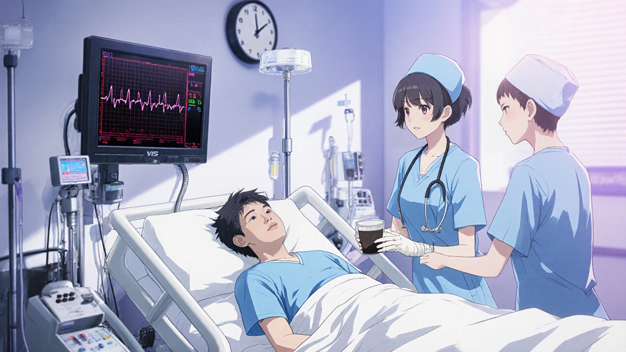 Emergency room staff treats a patient with an Olanzapine overdose, showing monitoring equipment.