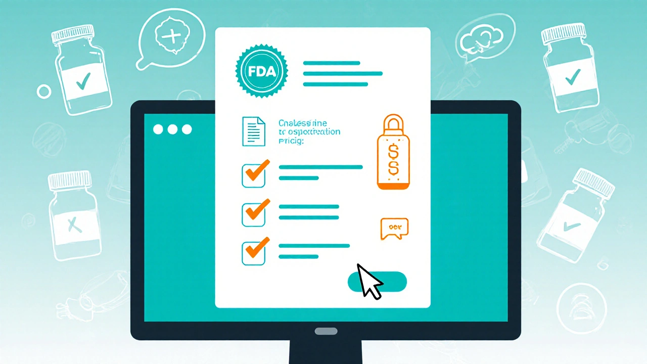 Flat‑design checklist showing FDA seal, padlock, prescription upload, pricing, and chat icons on a pharmacy site.