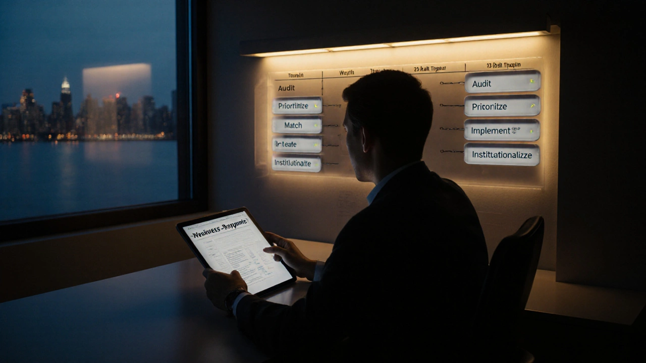 Founder reviewing a playbook at night with a glowing six‑week timeline on the wall.
