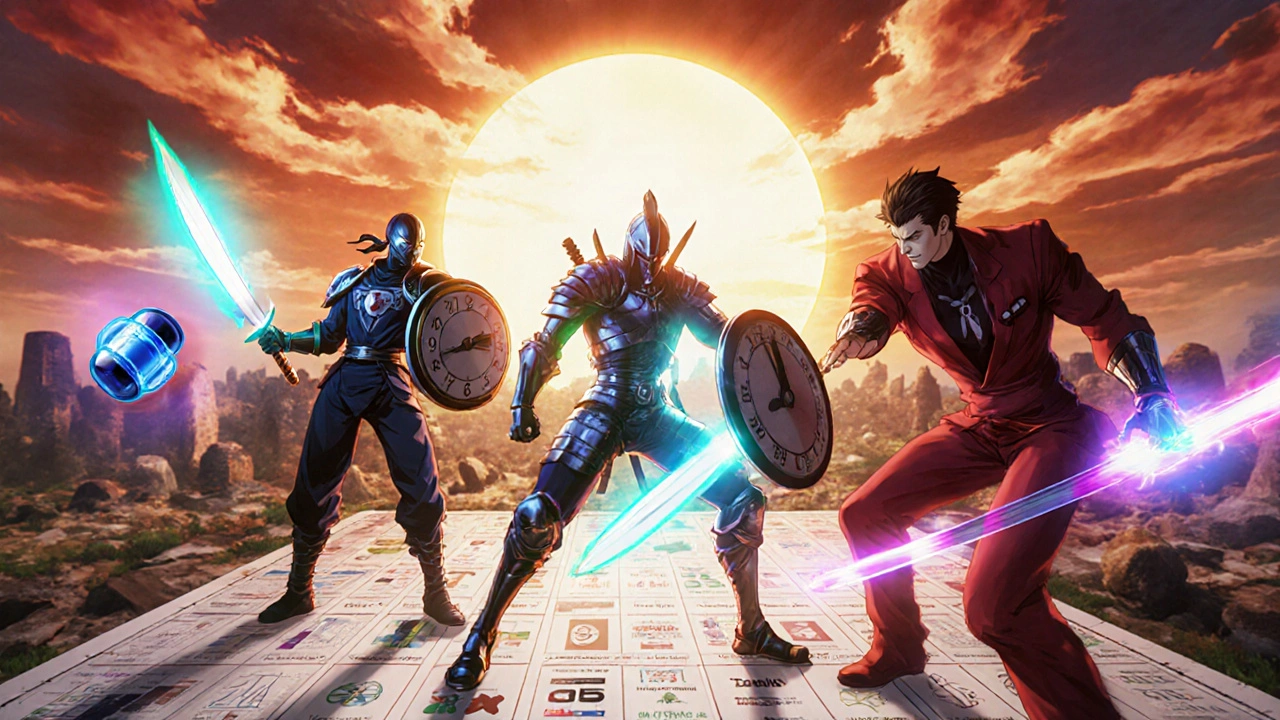 Four ED medications portrayed as stylized anime warriors in a medical battlefield