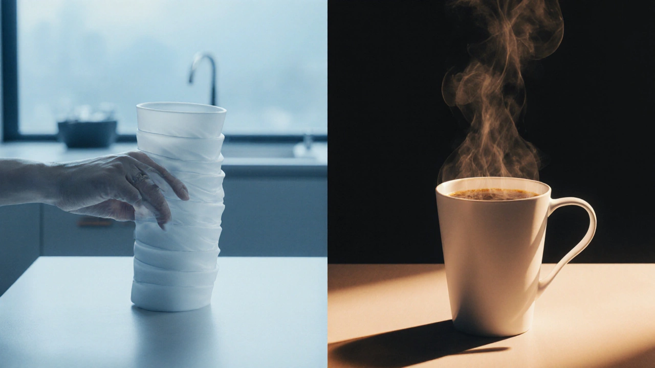 Futuristic coffee cup changing from soft to rigid when filled with hot coffee.