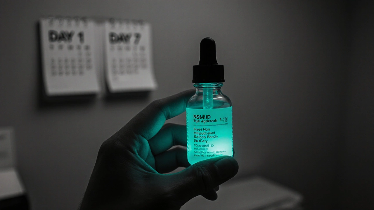 Hand holding eye‑drop bottle with teal accent, calendar in background indicating follow‑up.