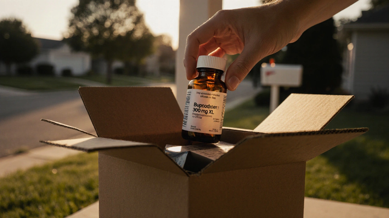 Hand opening a box to reveal a bottle of bupropion pills on a sunrise porch.