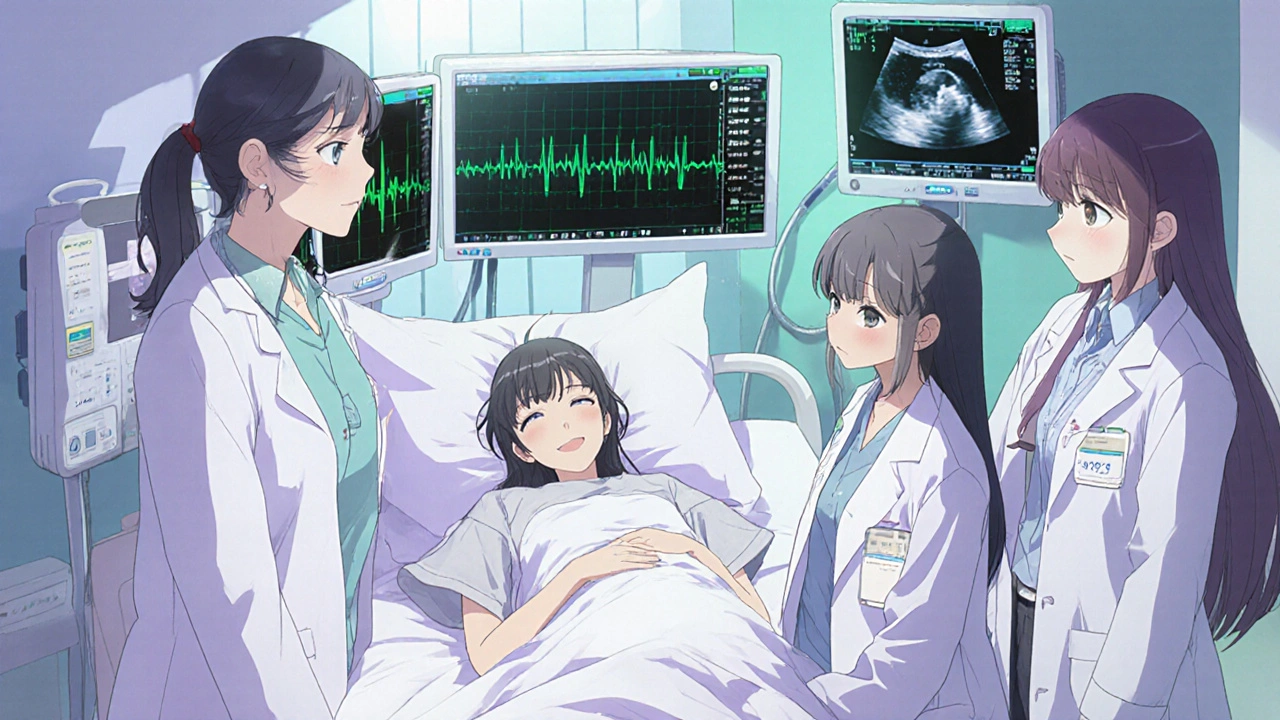 Hospital room with a pregnant woman, medical team, monitors, and an ultrasound of the baby.