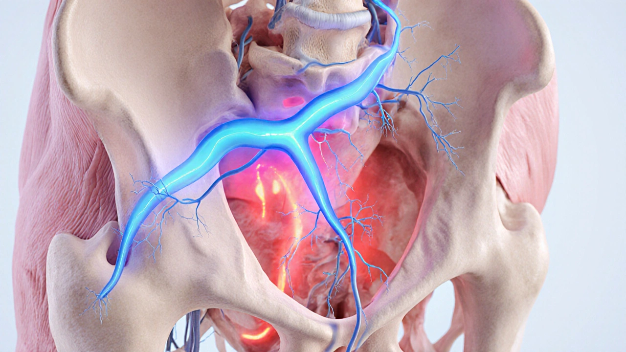 Illustrated cross‑section of male pelvis highlighting increased blood flow after a PDE5 inhibitor.
