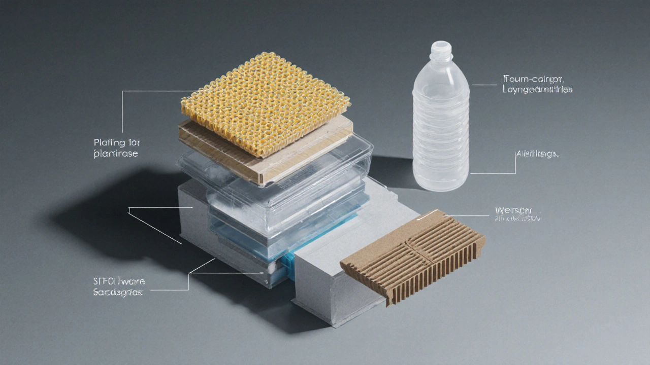 Isometric view of honey‑comb cardboard, blister pack, and ribbed PET bottle showing stiffness layers.