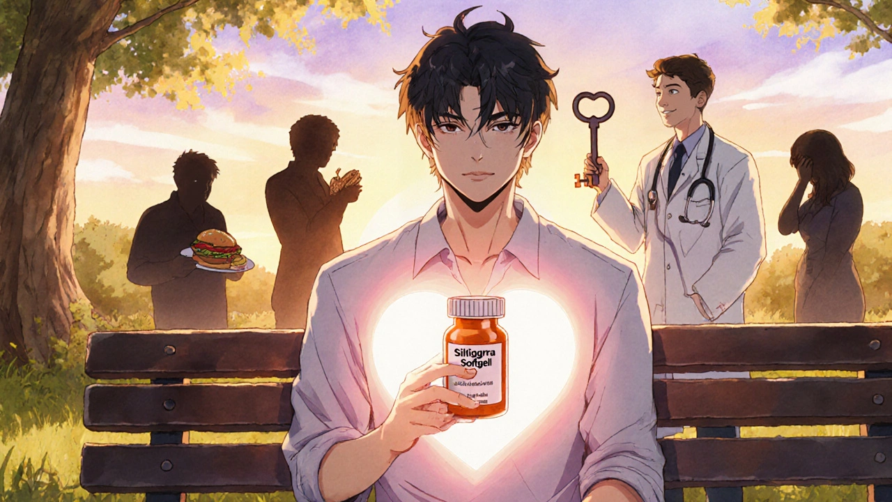 Man on a park bench at sunset with a glowing heart, symbolizing ED recovery