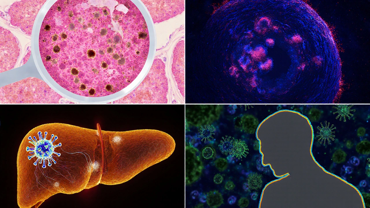 Montage of viruses linked to specific cancers: HPV, EBV, HBV, HCV, HTLV‑1, HIV.