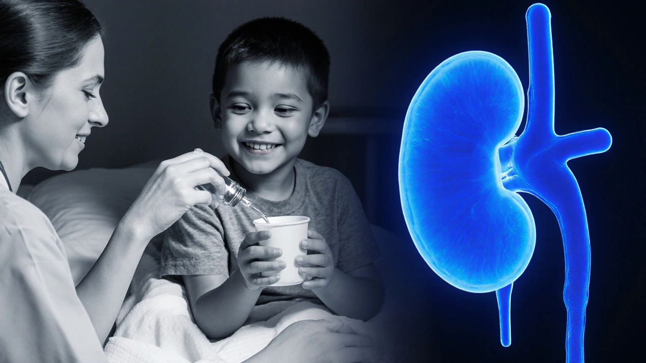 Nurse measuring cefuroxime suspension for a child, with a highlighted kidney symbol, in monochrome.