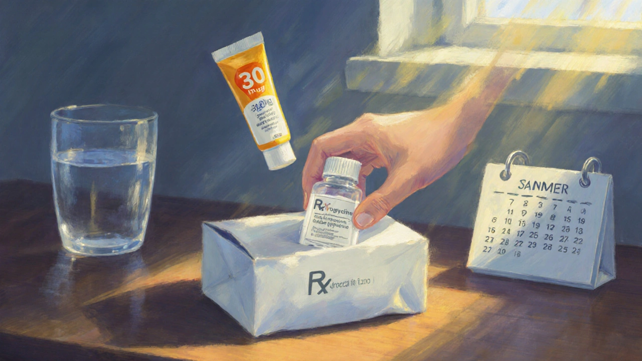 Parcel of doxycycline tablets opened next to water, sunscreen, and a calendar on a sunny countertop.