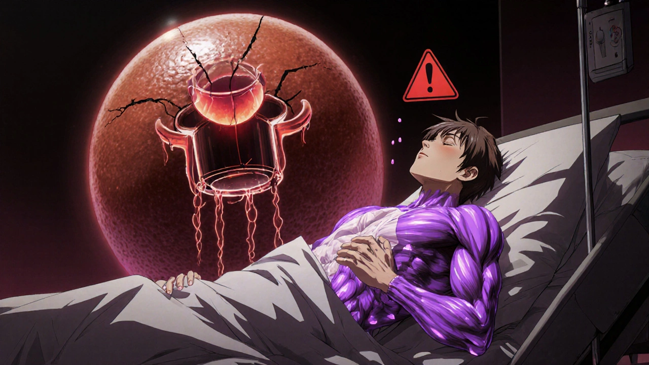 Patient in hospital with dark energy flowing from muscles to failing kidney.