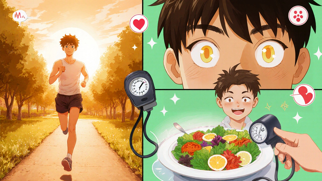 Person jogging, eating a healthy salad, and having an eye exam, with glowing eyes.