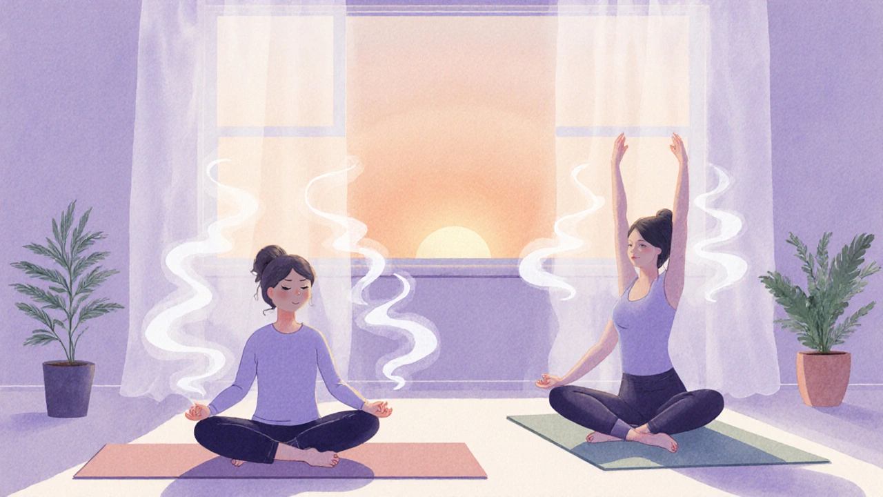 Person meditating and doing yoga in a pastel sunrise bedroom with gentle breath swirls.