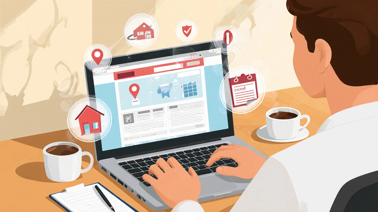 Person reviewing an online pharmacy site with floating legitimacy icons.