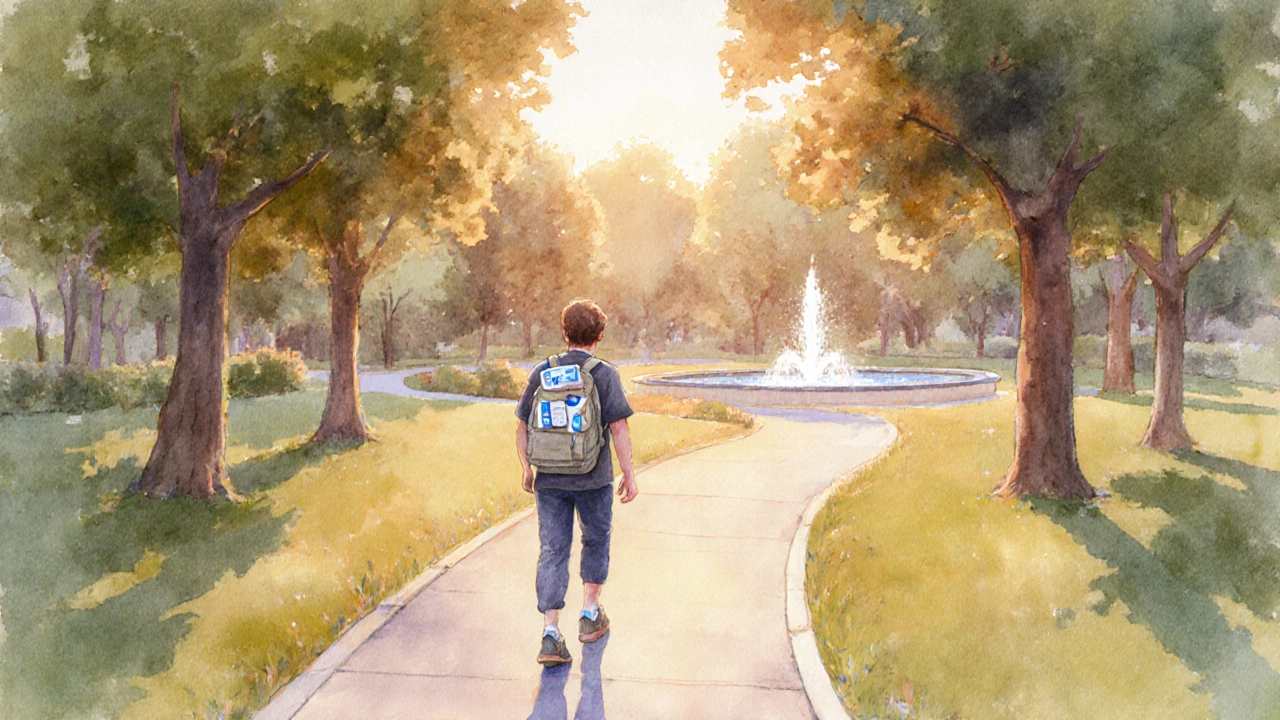 Person walks peacefully on a park path at sunset, with backpack and supportive shoes.