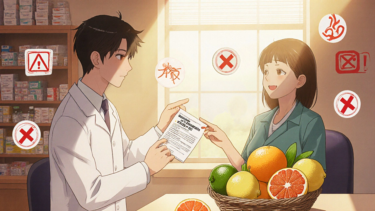 Pharmacist giving safe statin prescription while grapefruit is crossed out.