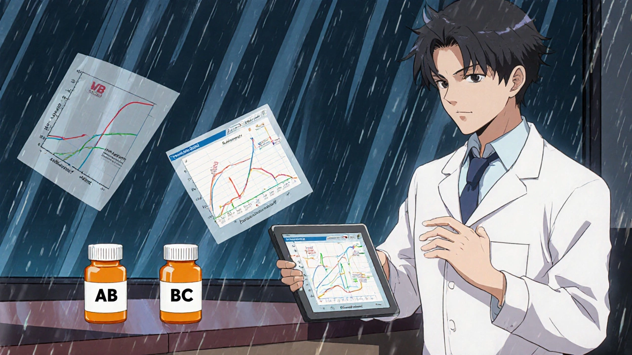 Pharmacist hesitating between two pill bottles with bioequivalence data floating nearby.