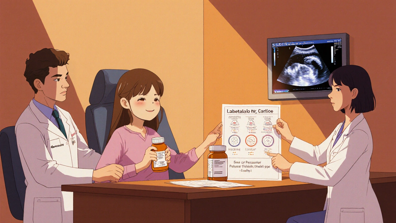 Pregnant woman with doctor, holding labetalol prescription, smiling.