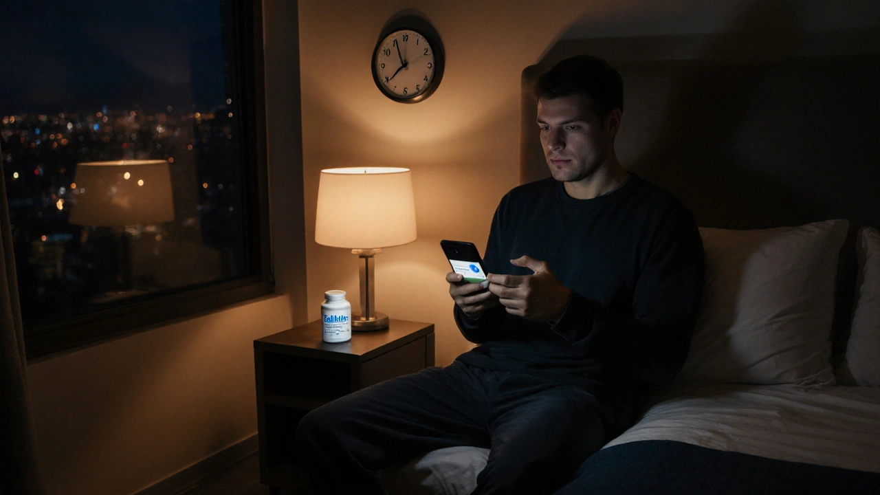 Relaxed man in bedroom at night, smiling beside a Tadalista bottle and a clock indicating flexibility.