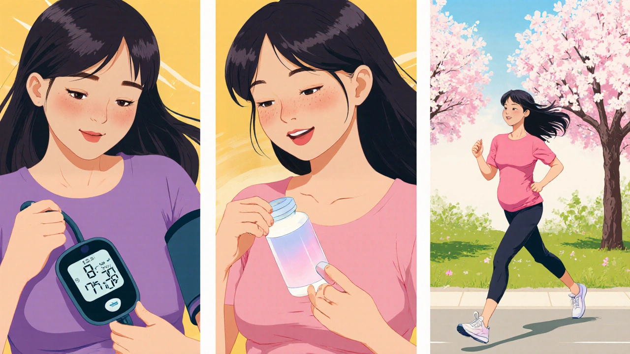 Split scene of a mother checking blood pressure, taking aspirin, and jogging in a park.