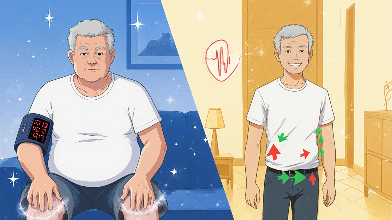 Split scene showing a patient before and after diuretic combo, with blood pressure changes.
