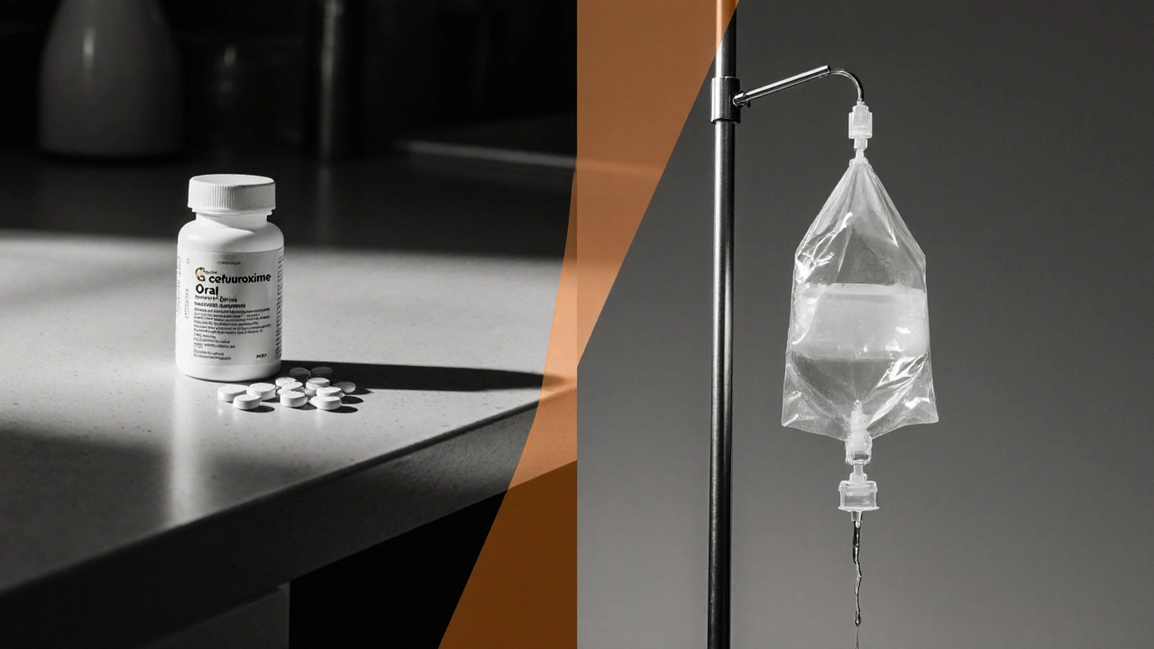 Split view of oral tablets on a counter and an IV bag, monochrome with amber accents.