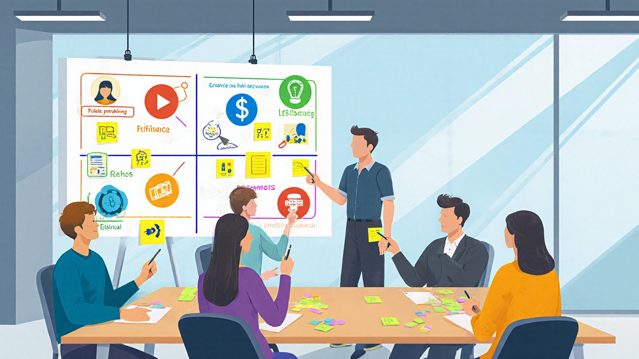 Team gathered around a whiteboard mapping weaknesses to actions in a bright office.