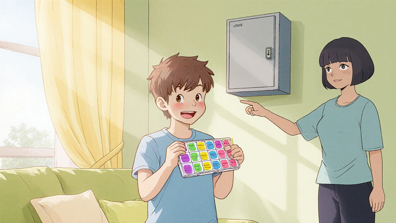 Teen uses a pill organizer while parent points to a locked cabinet for medication safety.