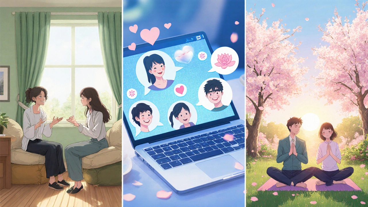 Three panels showing therapy, online support group, and mindfulness practice.