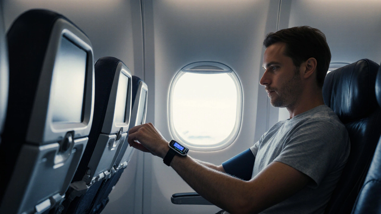 Traveler checks wrist blood pressure monitor in an airplane aisle, looking calm and prepared.