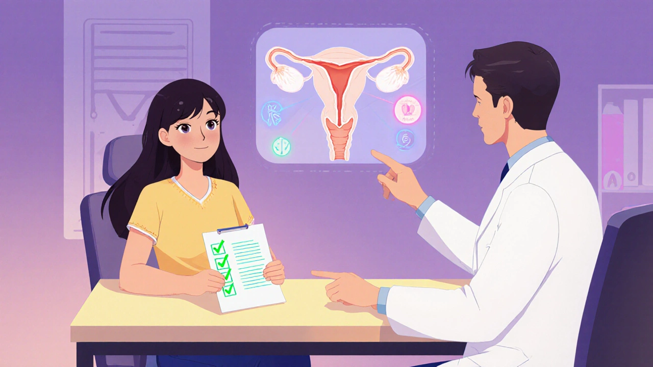 Woman discussing contraception choices with a doctor, holding a checklist in a hopeful setting.