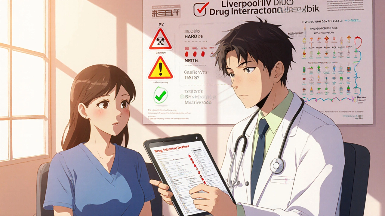 A doctor and patient reviewing a drug interaction checklist on a glowing tablet in a clinic.