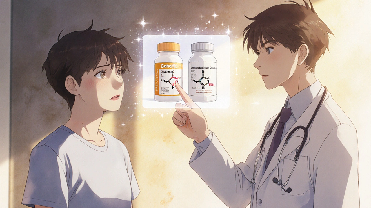 A doctor and patient viewing a hologram showing identical chemical structures of brand and generic drugs.