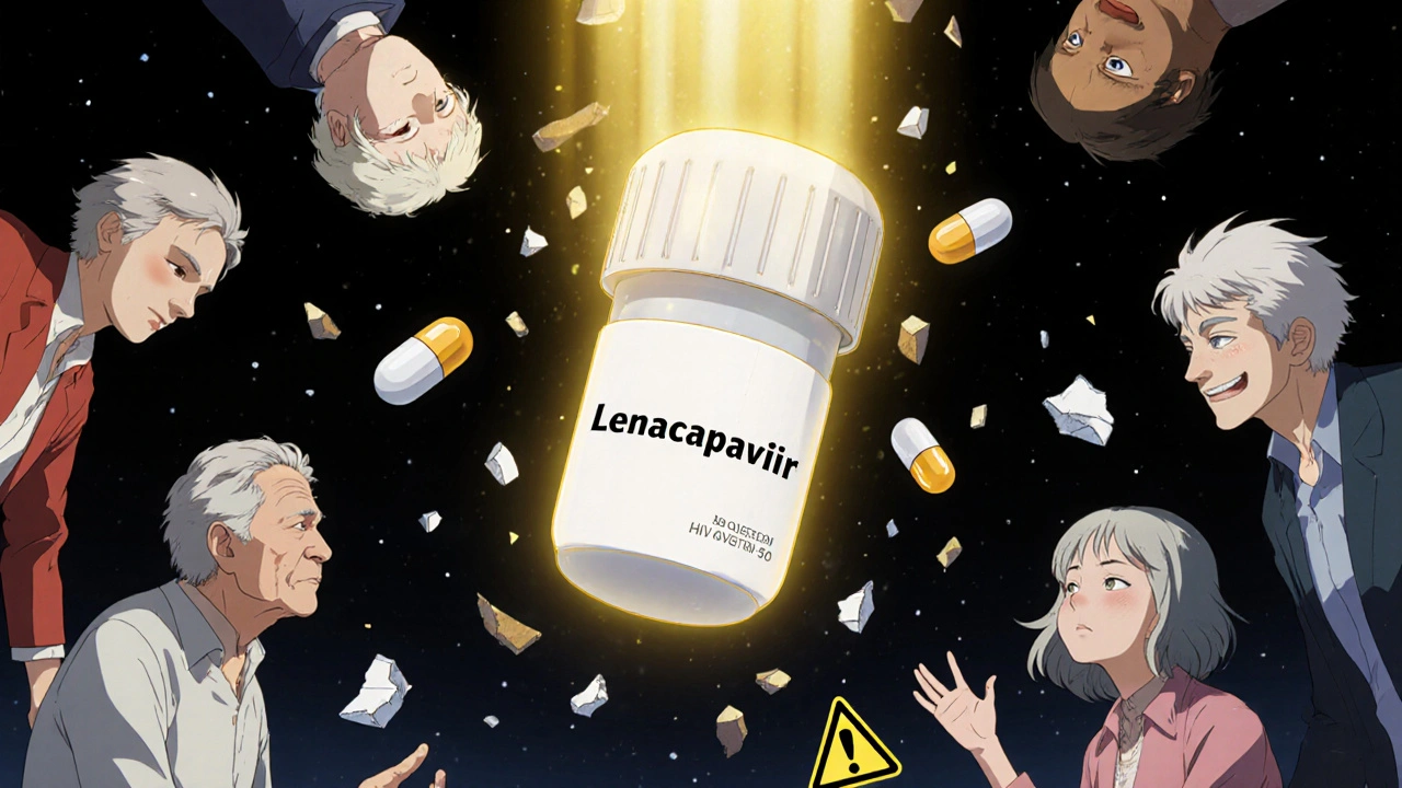 A futuristic HIV drug capsule radiating hope amid shattered remnants of older, risky medications.