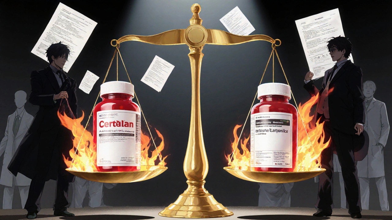 A giant scale balances a brand-name drug and its authorized generic, with corporate figures pulling strings above, symbolizing market control.