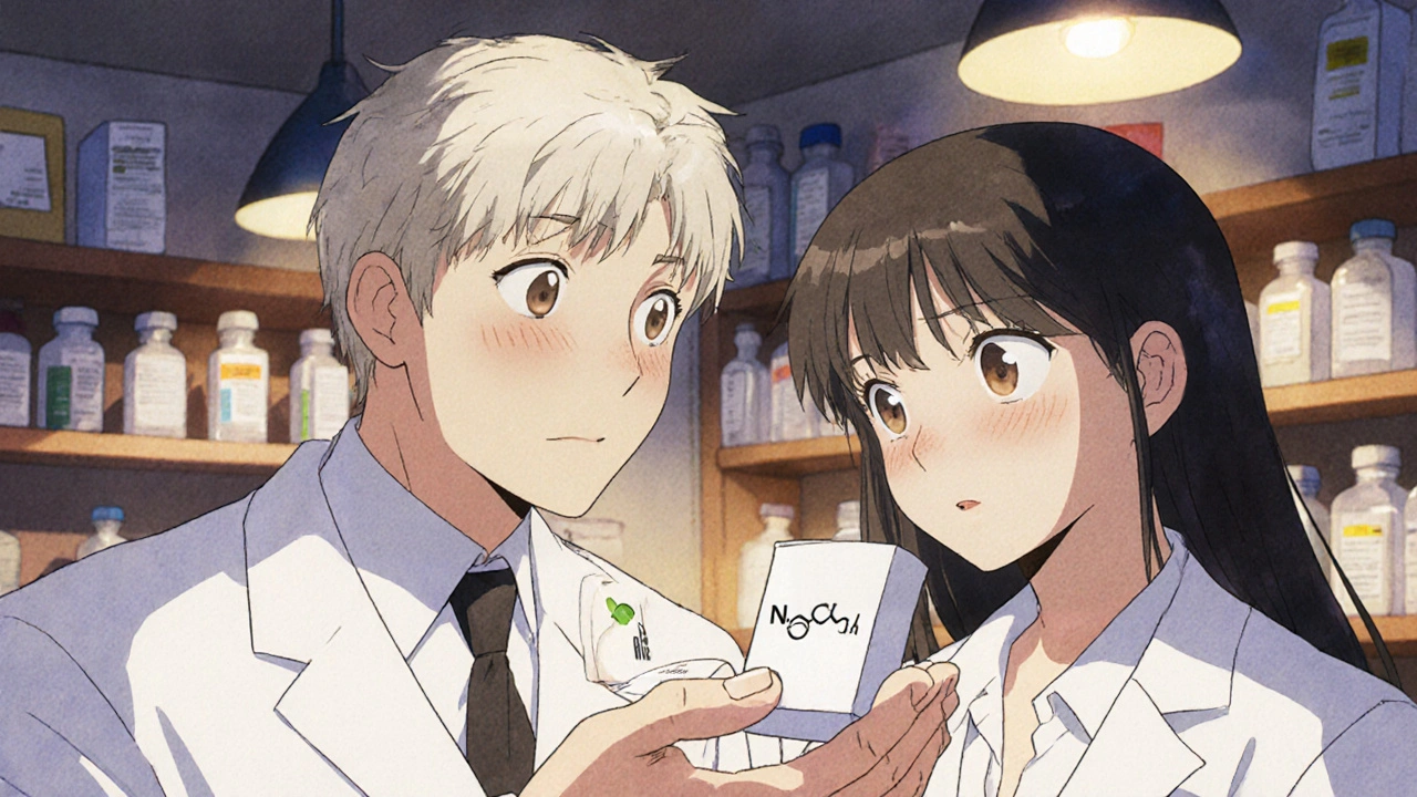 A pharmacist hands two identical pills to a patient, one in branded packaging, one in plain packaging, both glowing with the same chemical structure.