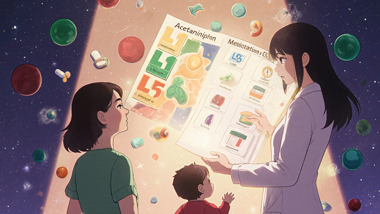 A pharmacist holding a color-coded L1-L5 medication risk chart with floating drug icons.